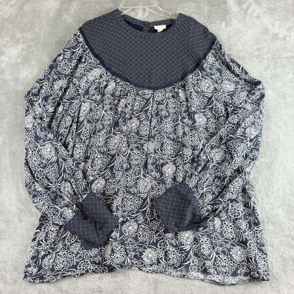 Hinge Tunic Top Womens XXL Navy‎ Blue Floral Puff Sleeve Boho Cottagecore Hippie